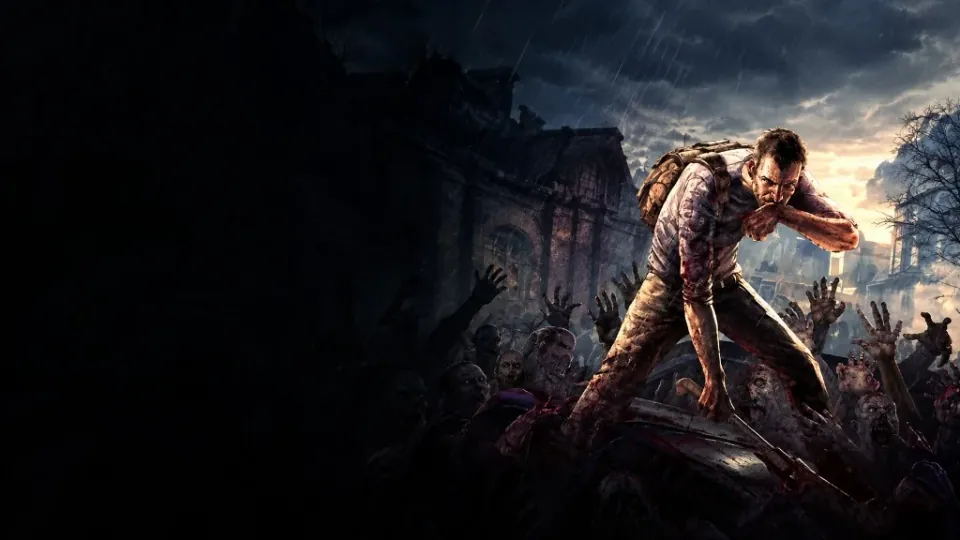 Bloodied survivor with a machete standing on a wrecked van roof as a zombie horde reaches upward in a rain-soaked ruined city